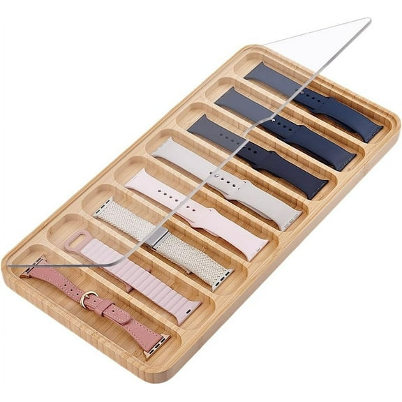 8 Slots Wooden Watch Band Organizer Watch Storage Case Tray Watch Band Organizer Case Dustproof Watch Band Storage Box with Clear Lid for Men Women Watch 1.57" Wide