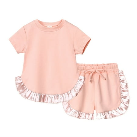 Weryoung Girls Kids Toddler Baby Spring Summer Solid Short Sleeve Tshirt Ruffle Shorts Tracksuit Outfits Clothes Sets Kids Trendy Summer Outfits Light Pink 4-5 Years