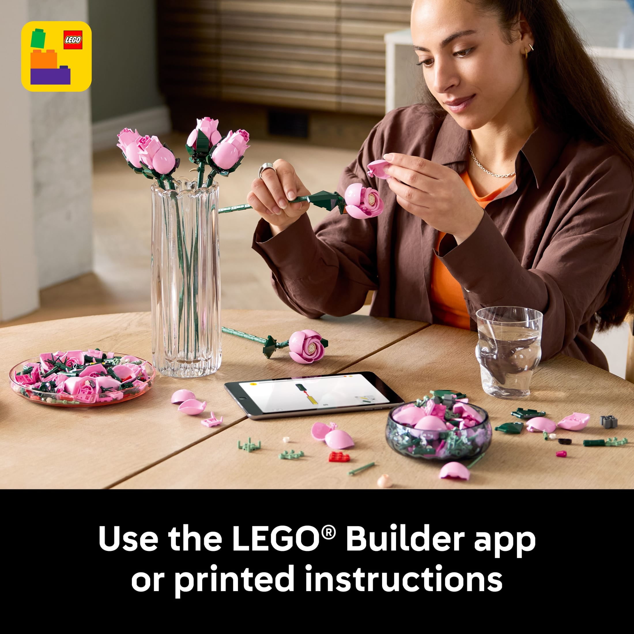 LEGO Botanicals Bouquet of Pink Roses Artificial Flowers - Building Blocks for Adults, Ages 18+ - Gift for Birthdays or Special Occasions - Flowers for Home Office, Shelf or Room Decor - 10374
