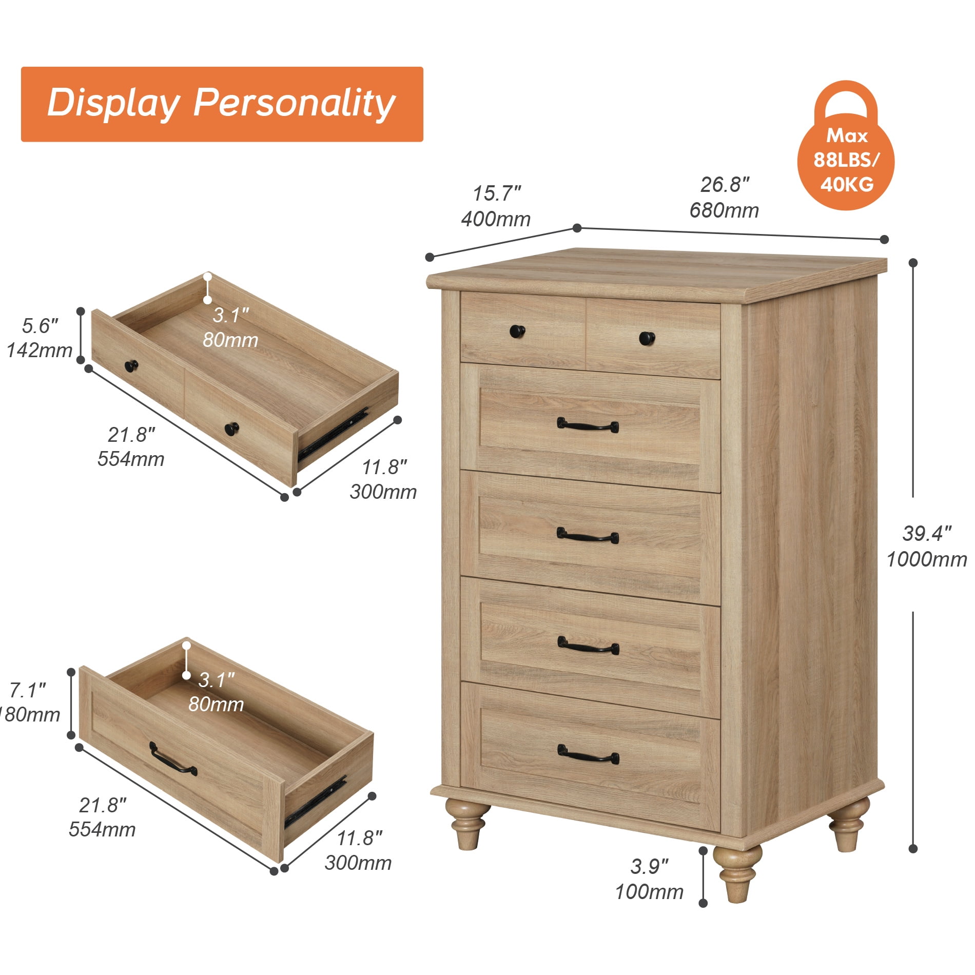 Farmhouse Oak 5-Drawer Dresser, Wooden Chest of Drawers for Bedroom & Living Room