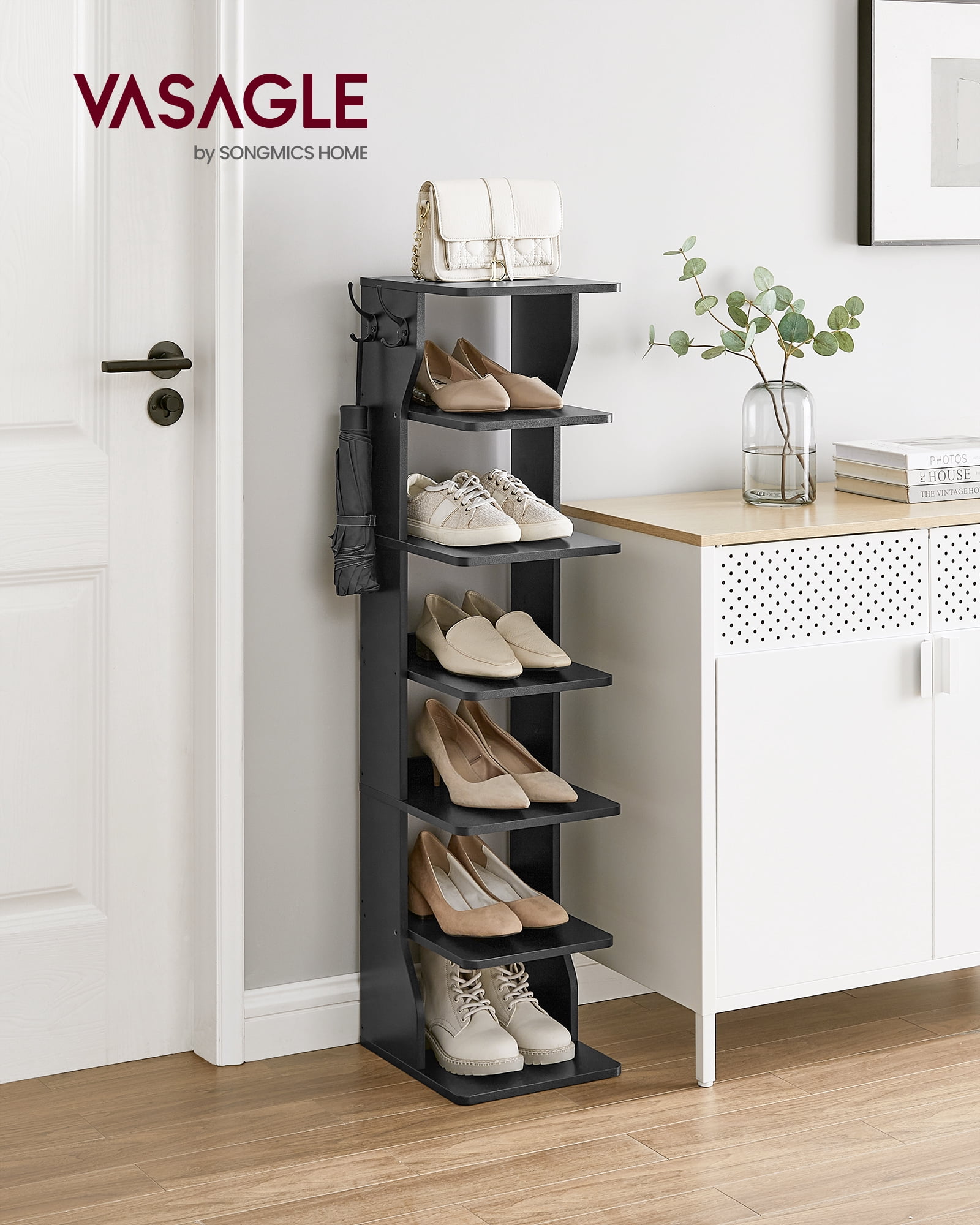 VASAGLE 7 Tier Shoe Rack, Narrow Shoe Storage Organizer with Hooks, Slim Wooden Corner Shoe Tower Rack, Robust and Durable, Space Saving, Black
