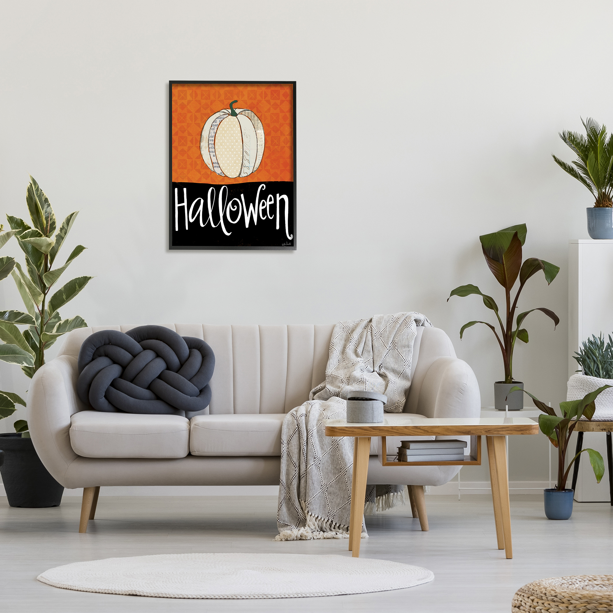 Stupell Industries Halloween Festive Holiday Greeting Patterned Pumpkin Gourd Graphic Art Black Framed Art Print Wall Art, 24x30, by Katie Doucette