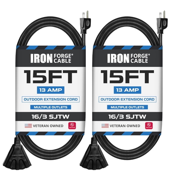 Iron Forge Cable 2 Pack 15 Ft Black Extension Cord with 3 Outlets - 16/3 SJTW 15 Foot Extension Cord 3 Prong, Weatherproof Power Cable for Outdoor