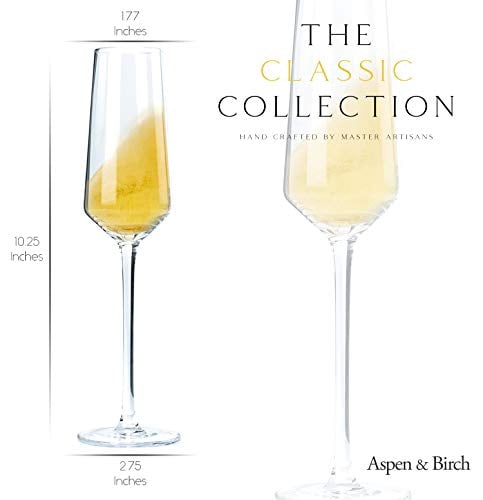 Aspen & Birch - Classic Champagne Flutes Set of 4 - Champagne Glasses - Mimosa Glasses, Premium Crystal Stemware, Clear, 6 oz, Hand Blown Glass Champagne Flutes - Hand Crafted by Artisa