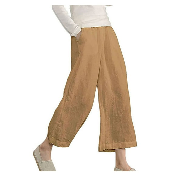 BLVB Womens Summer Wide Leg Capri Pants Casual Loose Cotton Linen Cropped Pants Baggy Capris Beach Lounge Trousers
