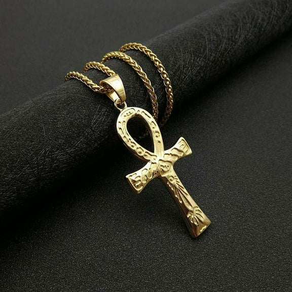 Men's 14K Yellow Gold Ankh Necklace Amulet Retro Ancient Egyptian Totem Jewelry High Sense Party Jewelry