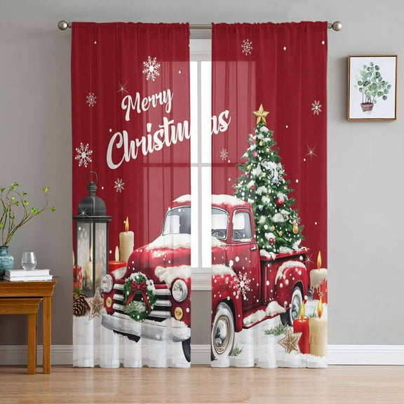 Red Truck Christmas Sheer Curtains 72 Inches Long, Xmas Tree Snowflake Gifts Winter Light Filtering Window Curtains for Living Room/Bedroom, Rod Pocket Voile Sheer Curtain Drapes, 52"Wx72"L, 2 Panels