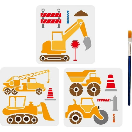 3pcs Construction Vehicle Stencils 11.8×11.8inch Large Traffic Crane Excavator Tractor Templates with Paint Brush Reusable Vehicles Themed Templates DIY