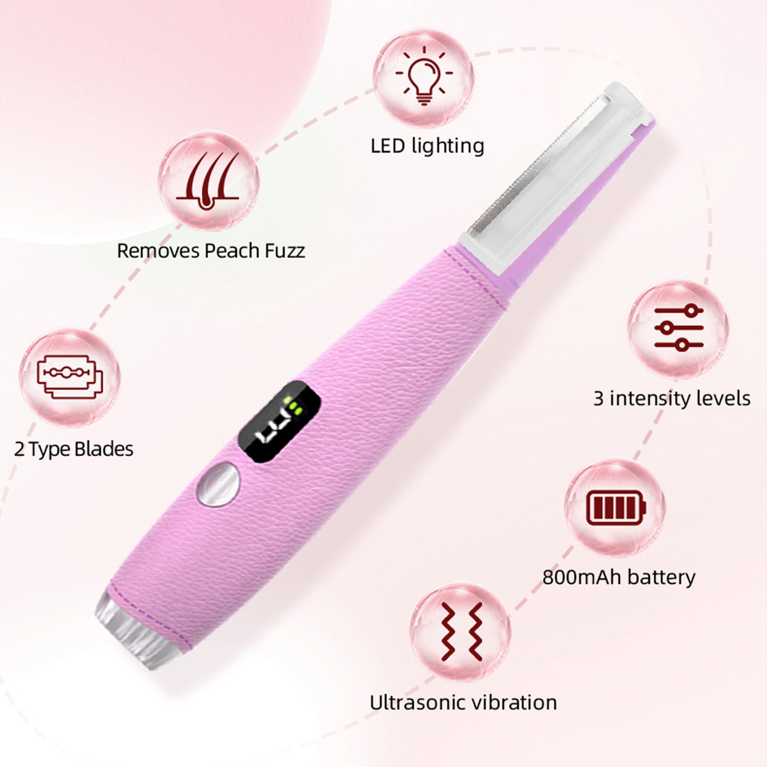 Sonic Dermaplaning Tool for Women, Rechargeable Face Dermaplane Razor with 14,000 Vibrations, 3 Speeds with LED Light, 12 Blades for Peach Fuzz Removal & Facial Exfoliation(Pink)