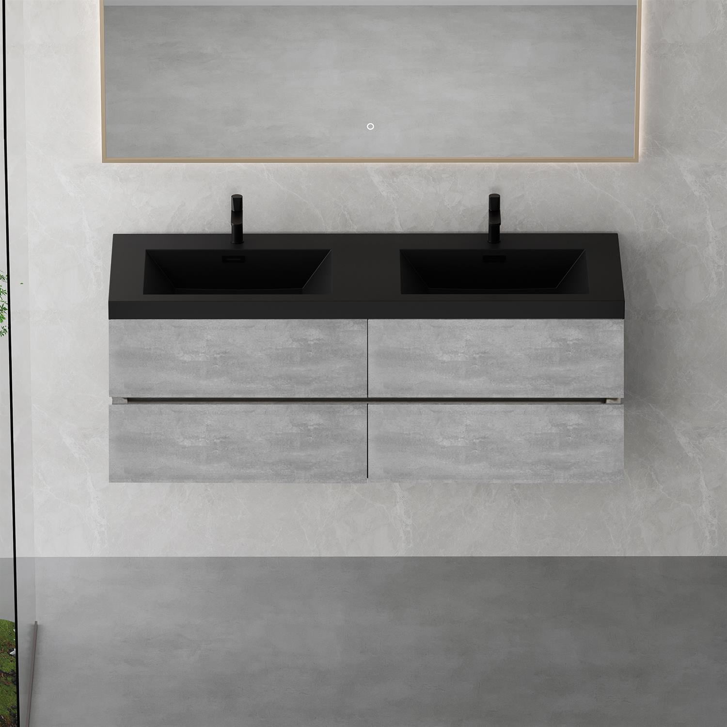 Demi Bonn 59" Floating Bathroom Vanity with Sink, Double Black Quartz Sand Top Basin and 4 Soft Close Drawers, Faucets and Drains Not Included, Gray