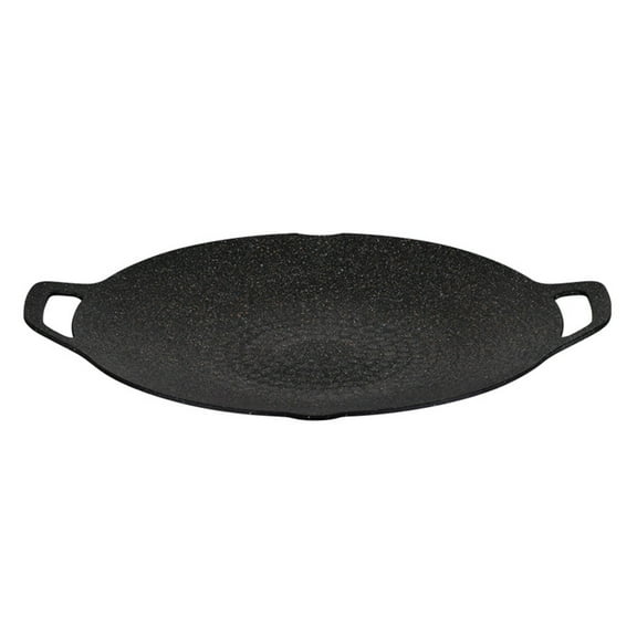 Shoreew Korean BBQ Grill Pan Non-stick Round Baking Pan for Indoor Cooking Barbecue Tray with Handles Cast Iron Frying Pan for Home Camping