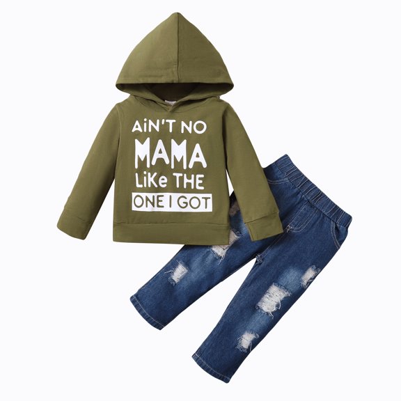 Mikrdoo Toddler Baby Boys Clothes 2 Years Boys Baby OOTD Letter Print 3 Years Boys Winter Hoodies Ripped Jeans Pants 2Pcs Green