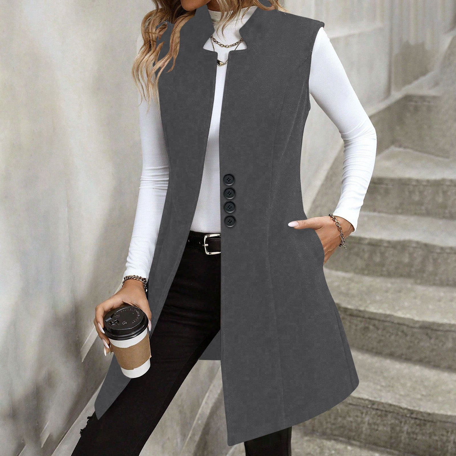 Long Waistcoat Women Fall Winter Sleeveless Vests Suit Elegant Cardigan Blazer Waistcoat with Pockets Long Jackets for Lady Winter Gray S