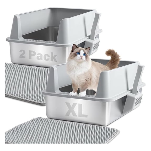 Stainless Steel Litter Box with Lid, XL Metal Litter Box 2 Pack, Extra Large Cat Litter Boxes for Big/Multiple Cats, Anti-Urine Leakage,No Smell, Non-Stick, Includes Scooper and Mat