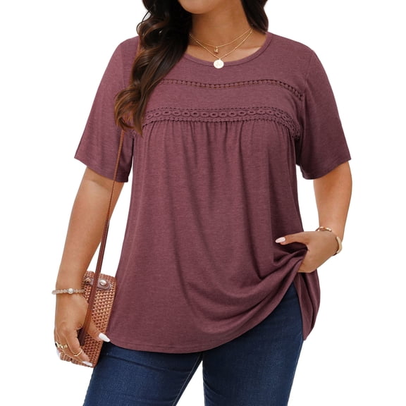 WellSize Lace Plus Size Women Blouses Casual Tunic Boho Tops Crew Neck Short Sleeve Shirts Trendy Summer Blouses