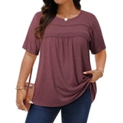 WellSize Lace Plus Size Women Blouses Casual Tunic Boho Tops Crew Neck Short Sleeve Shirts Trendy Summer Blouses