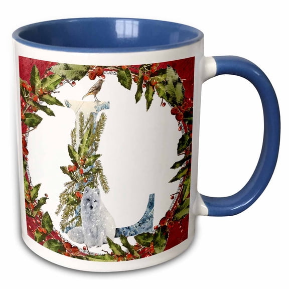 3drose, Monogram L Christmas Wolf and Bird Decorative Initial, 11oz Two-tone Blue Mug