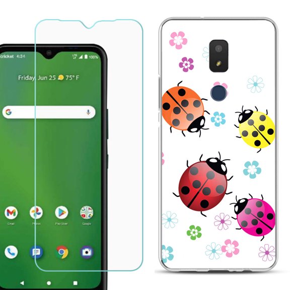 Slim-Fit TPU Fashion Phone Case for Cricket Icon 3, with Tempered Glass Screen Protector, by OneToughShield ® - Ladybug