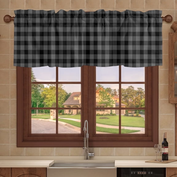 Kitchen Valances for Window, Black and Grey Plaid Light Filtering Rod Pocket Valance Curtain, Rustic Stripe Short Curtains Window Topper for Bedroom Bathroom Living Room 54x18in