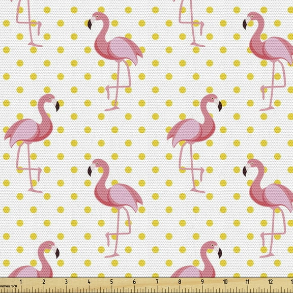 Ambesonne Flamingo Fabric by the Yard Upholstery, Exotic Indigenous Birds, 10 Yards, Pale Pink Yellow White