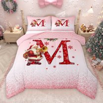 Manfei Red Initial M Letter Bedding Comforter Set, Kawaii Cartoon Santa Claus Twin Comforter Sets, Merry Christmas Reversible Bedding Set, Breathable Home Decor, 2pcs