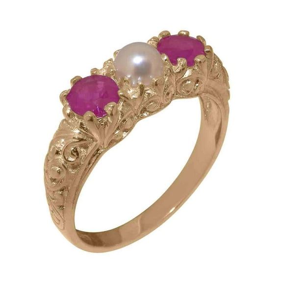 LBG British Made 14k Rose Gold Ring with Cultured Pearl & Ruby Womens Anniversary Ring - 33 size options - Size 4