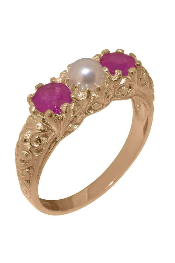 LBG British Made Classic 18k Rose Gold Cultured Pearl & Ruby Womens Anniversary Ring - 33 size options - Size 5.25