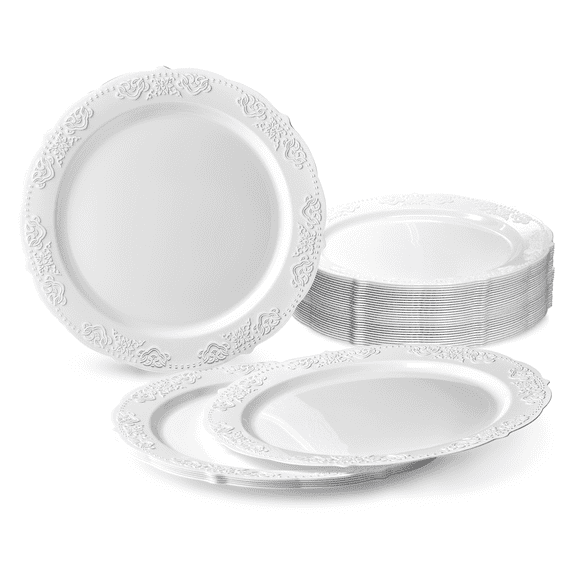 " OCCASIONS " 40 Plates Pack, Vintage Party, Disposable Wedding Party Plastic Plates (10.25'' Dinner Plate, Portofino in White)