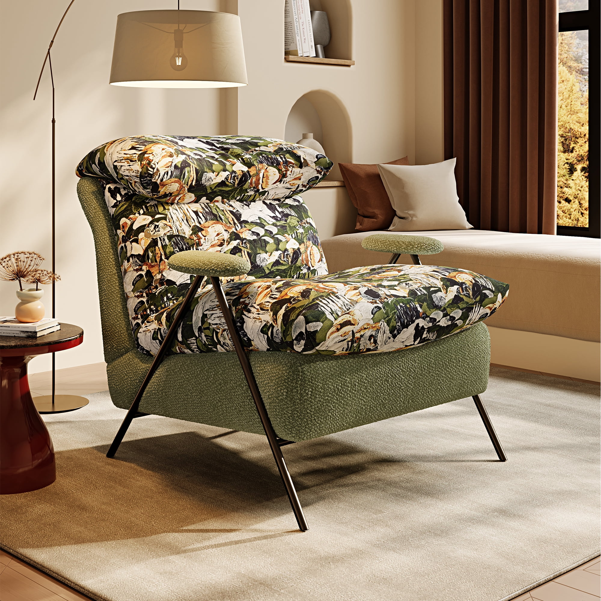 GARITIN Accent Chair and Reading Chair 31.8 Inch, Solid Wood Frame Lounge Chair with Chenille and Leather Upholstery for Living Room Bedroom, Pattern