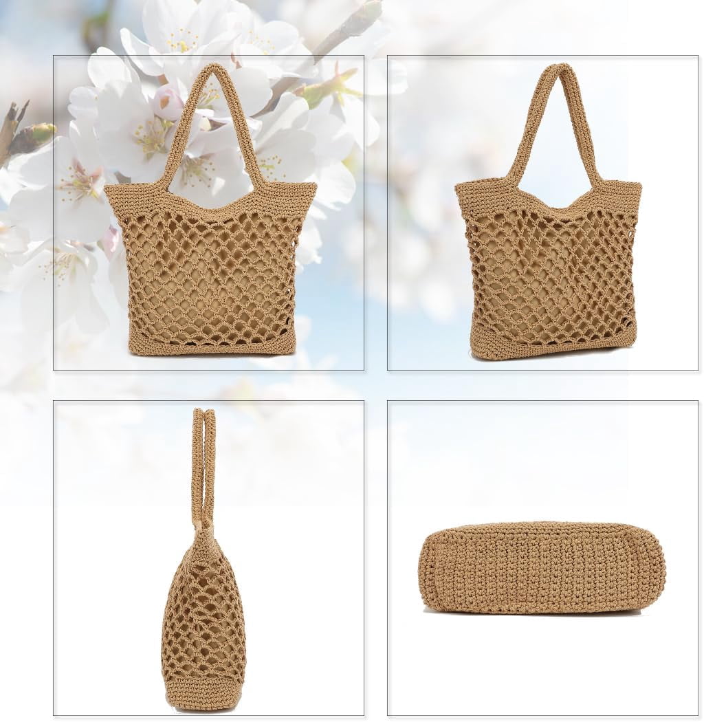 Woven Tote Bag for Women, Summer Beach Bag Large Crochet Shoulder Purse Handbag Boho Knit Bag for Summer Travel