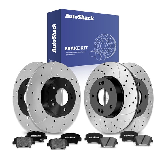 AutoShack Front Vented & Rear Solid Drilled & Slotted E-Coated Brake Rotors   Ceramic Pads 12-PC Brake Kit Replacement for 2017-2020 Hyundai Elantra ShadowGuard