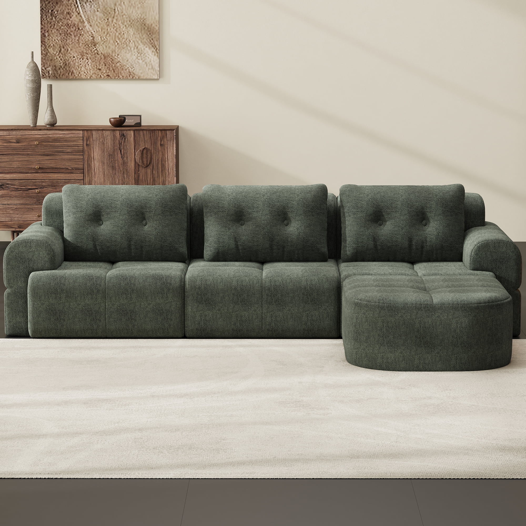 Modular Sectional Sofa with Chaise and Full-Foam Structure, 112-Inch Oversized Couch with Woven Texture Upholstery for Living Room, Blackish Green