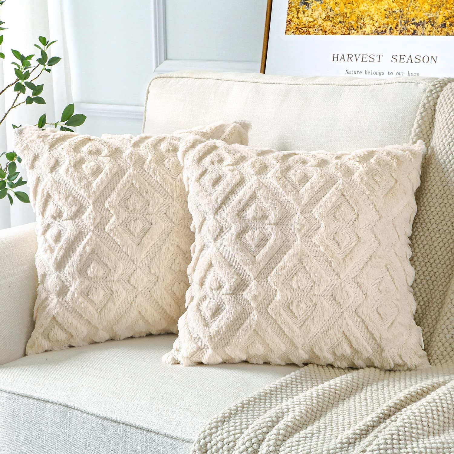 45 45cm Set of 2 Soft Plush Woolen Short Velvet Decorative Cushion Covers Luxury Style for Sofa Bedroom Modern Diamond Shape Beige Only the