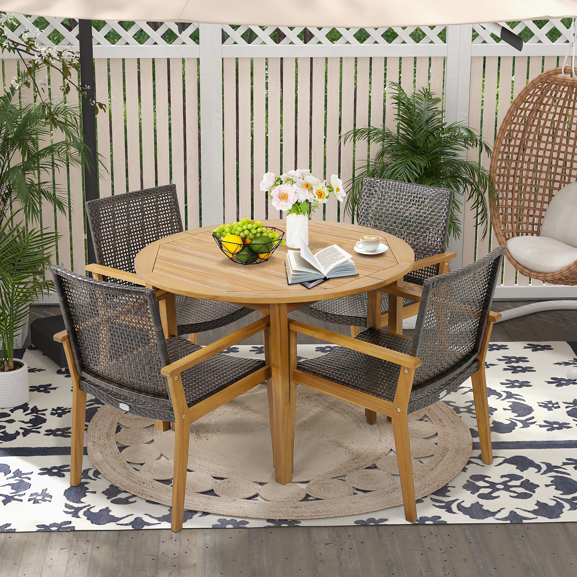 Gymax Outdoor Rattan Chair Set of 4 Patio PE Wicker Dining Chairs w/ Sturdy Acacia Wood Frame