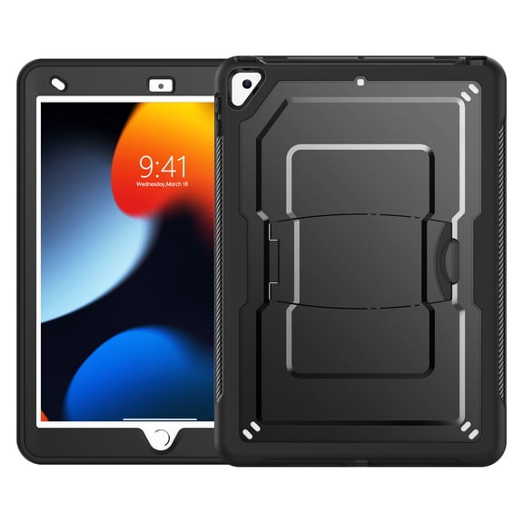ELEHOLD Rugged Case with Pencil Holder For iPad 9th/8th/7th Generation, Built-in Kickstand Double-Layer Protection Full-Body Shockproof Cover For iPad 9th/8th/7th Generation,Black