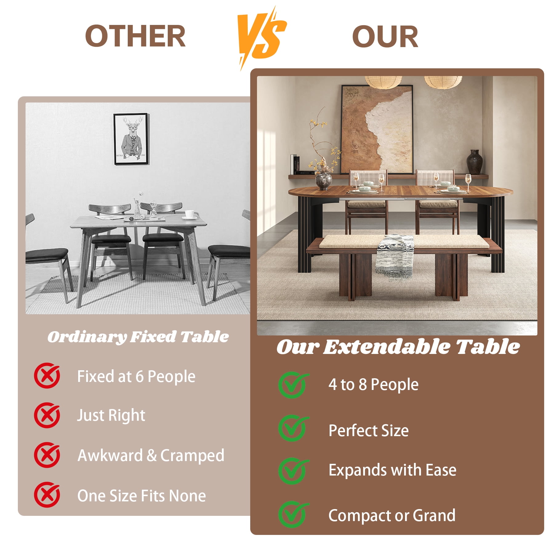 43-78 Inch Extendable Dining Table for 6-8 People, Modern Farmhouse Wood Kitchen Table with Oval Wooden Top and 2 Removable Leaves for Living Room, Breakfast, Restaurant, Dining Room(Walnut)