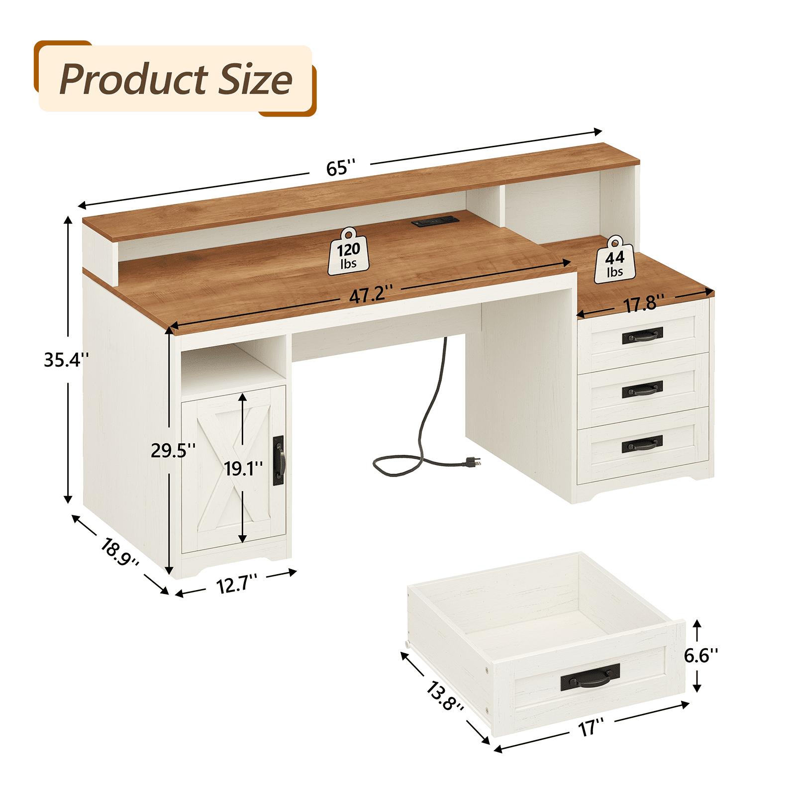 Farmhouse Computer Desk with Drawers, 65'' Home Office Desk with Power Outlets, Storage Cabinet and Printer Stand, Study Writing Desks with Long Monitor Stand, Brown and White
