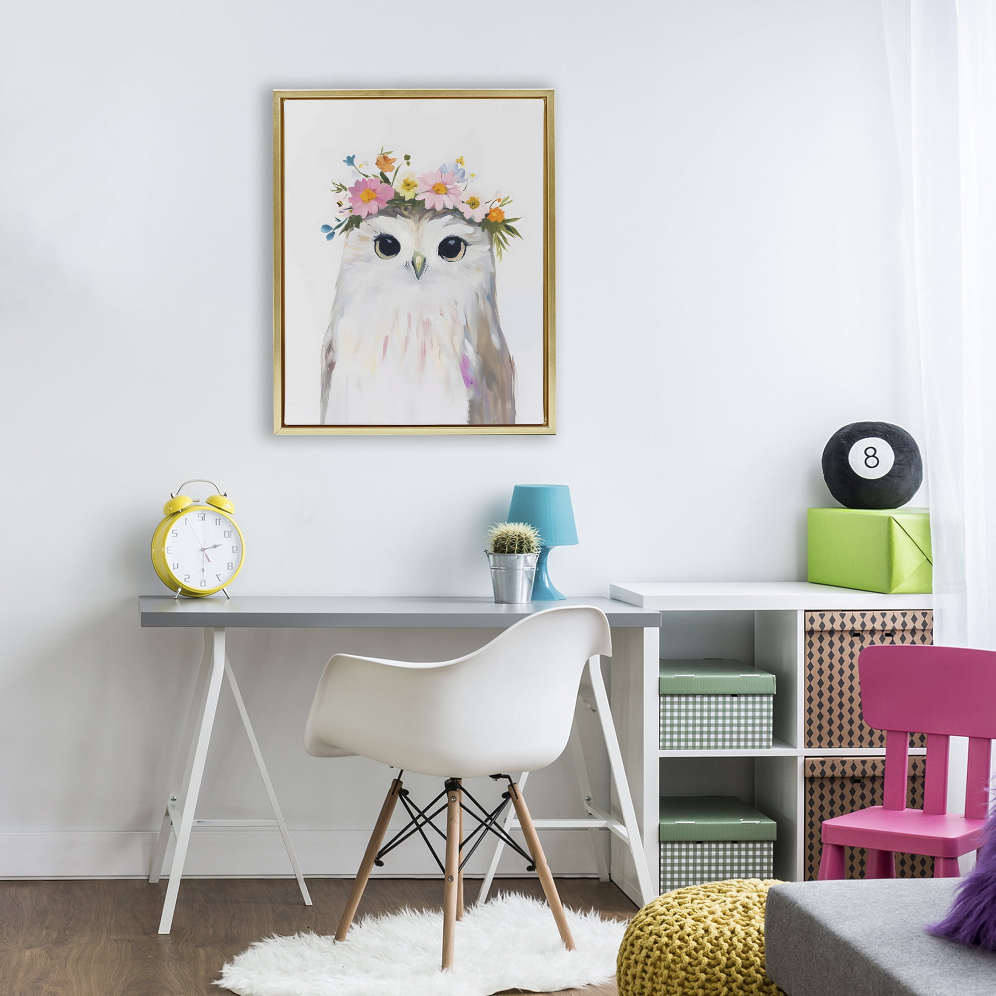 Stupell Industries Flower Crown Owl Gold Framed Floater Canvas Wall Art, design by The Prints Vibe