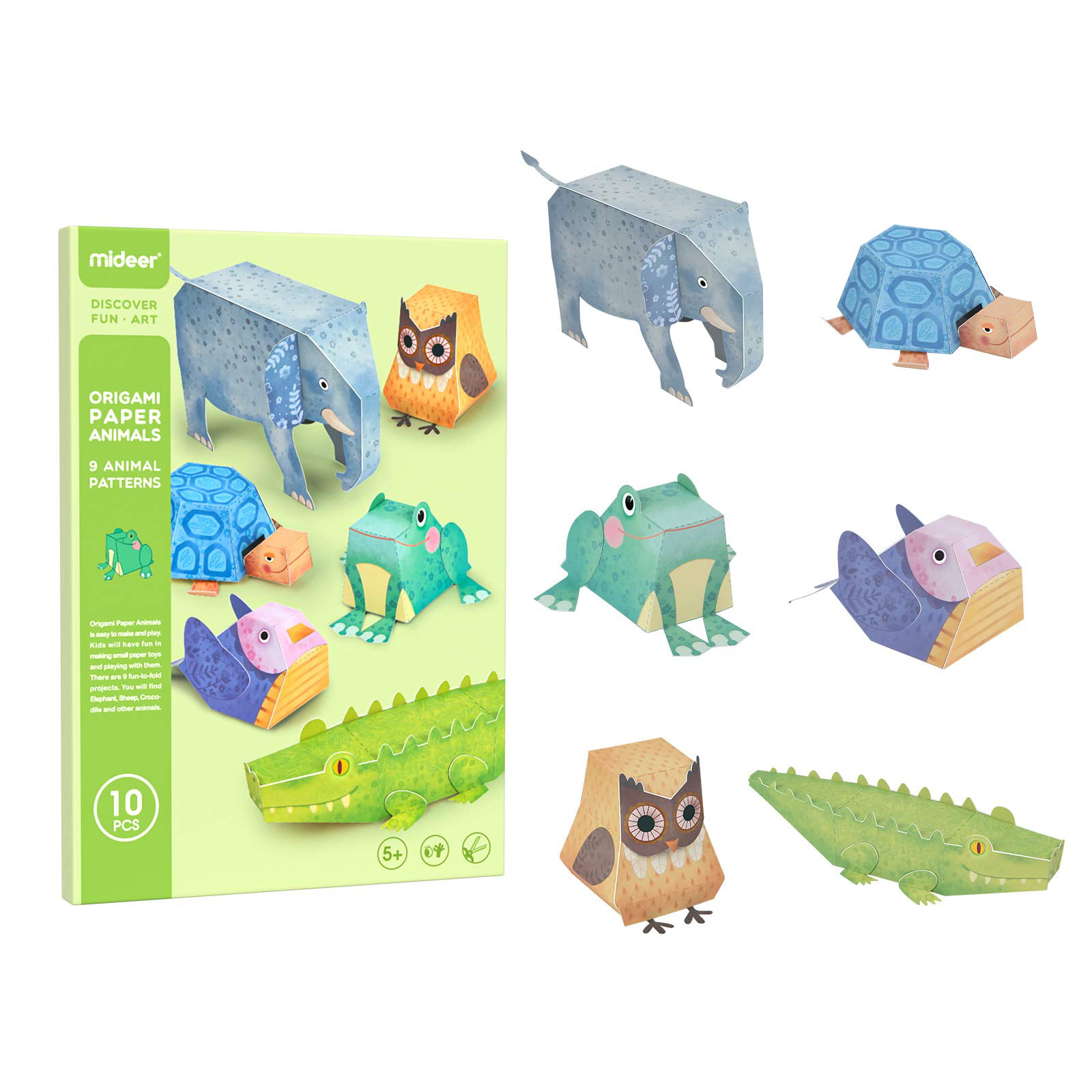 Mideer 10Pcs Origami Paper Animals for Kids Ages 5-6-7-8,Construction Paper  for Toddlers Arts and Crafts Kits,3D Paper Model Set,Elephant Lion  Butterfly Tortoise Frog Sheep Owl Bird Crocodile Diy Toys 