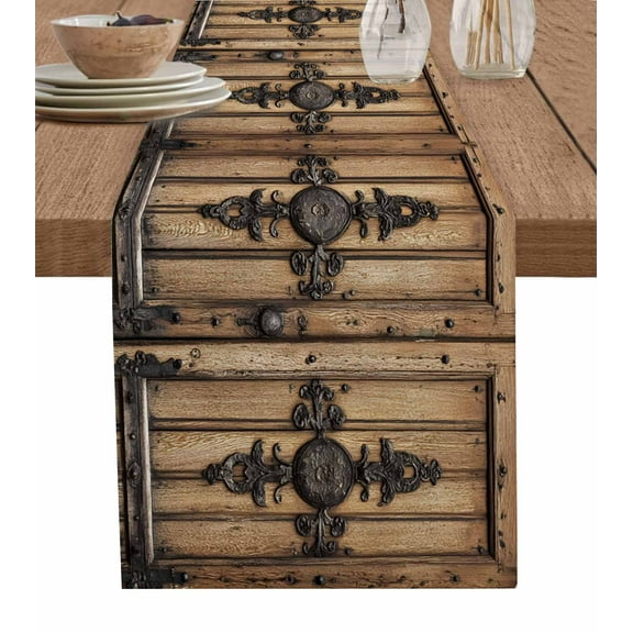 Farmhouse Brown Burlap Cotton Table Runner 13x72 Inches Long, Rustic Wooden Historical Barn Door Plank Farmhouse Table Runners, Outdoor Dining Tablecloths Decor for Baby Shower/Party/Wedding