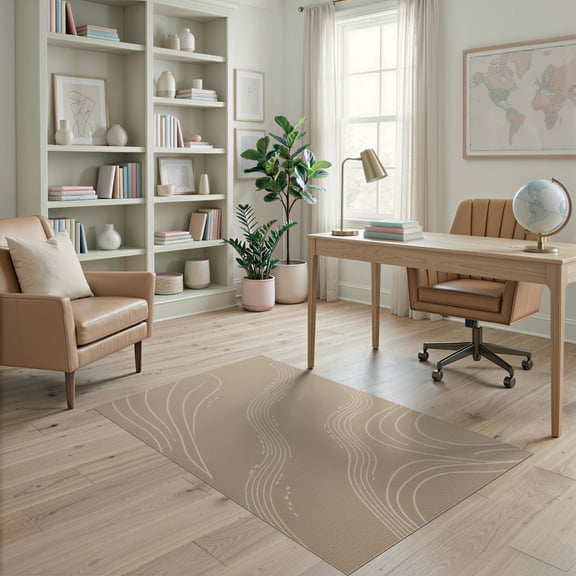 ODIKA 4'x6' Beige Dune Stone Flowing Washable Area Rug Modern Minimalist Curved Striped Motifs With Wavy Lines Stain Resistant, Low Pile, Easy Care for Dorm Room, Small Living