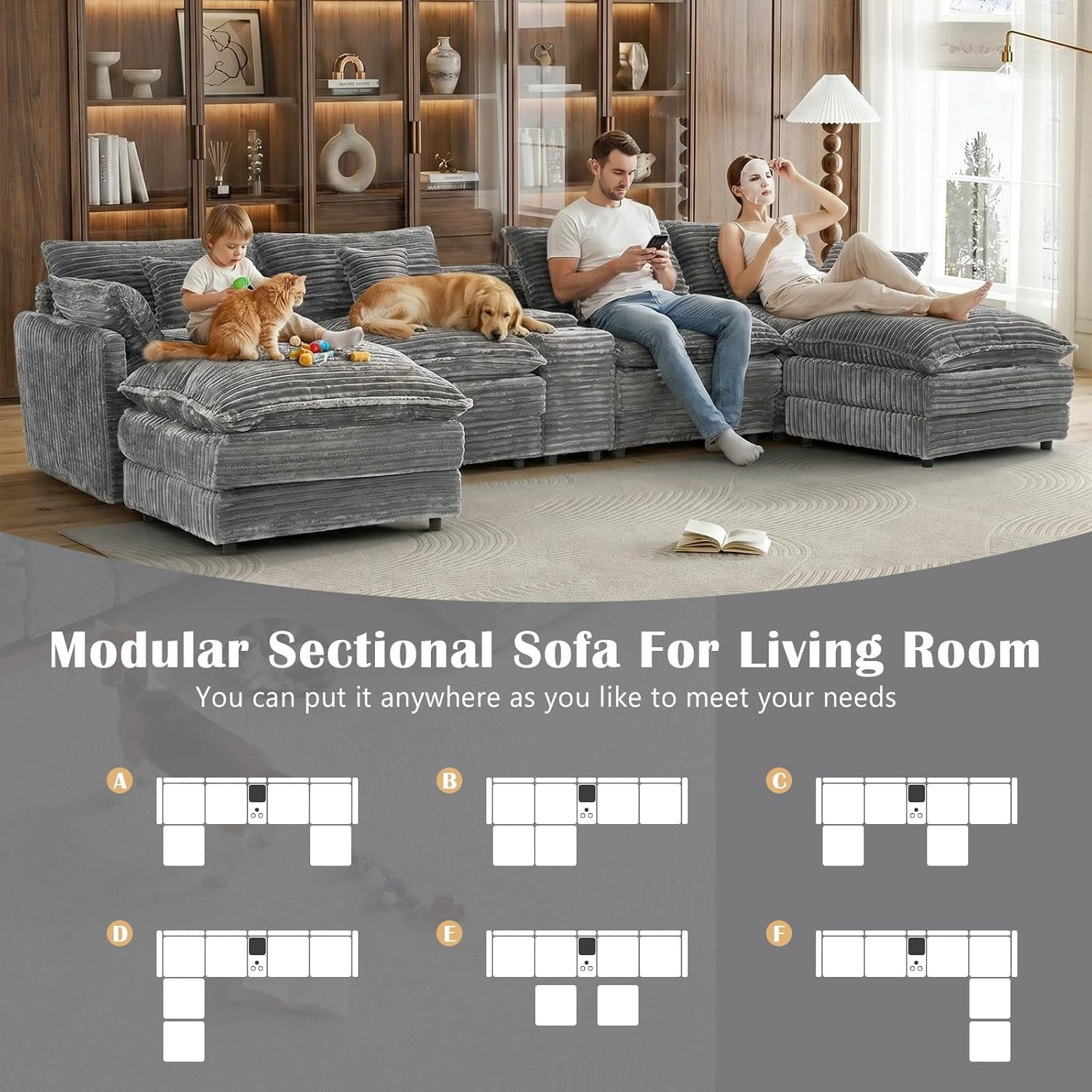 Howcool 145" U Shaped Modular Sectional Sofa, 6 Seat Oversized Cloud Couch with Double Chaise & Central Console, Plush Corduroy Sectional Couch with USB Ports, for Living Room,Light Grey