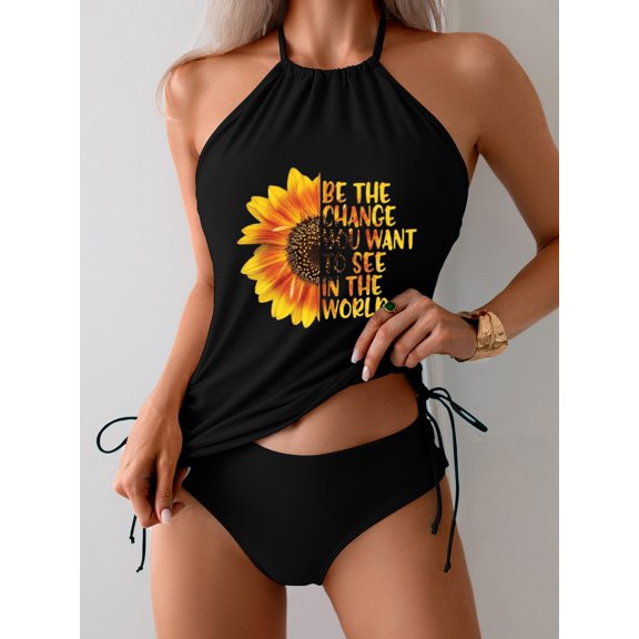Women's Sunflower Printed Swimsuit 2 Piece Tankini Sets Halter Skinny Tops With Low Rise Briefs Swimsuit Set For Summer Beachwear Diving Bathing Suits S