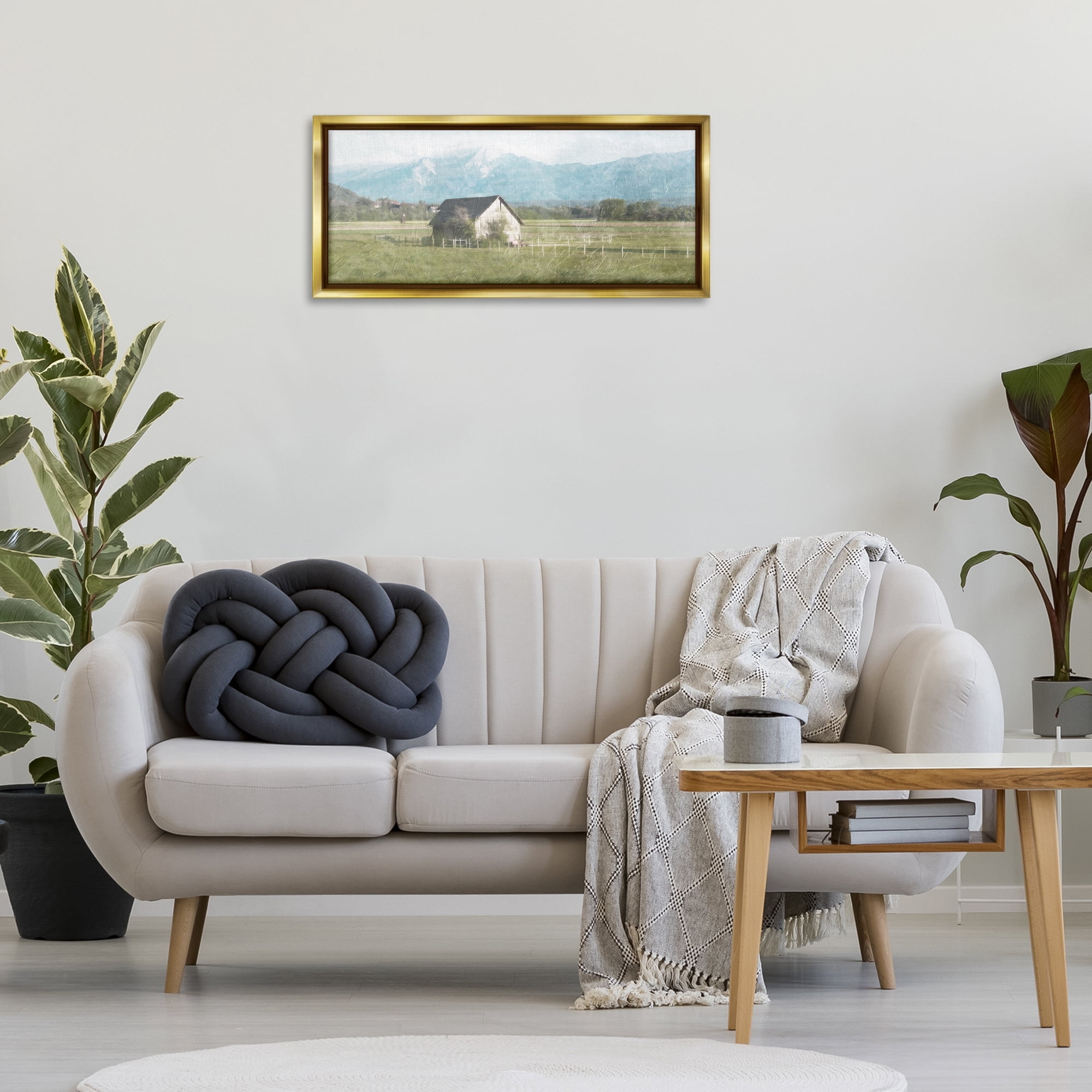 Stupell Industries Rustic Barn & Tractor Landscape & Nature Painting Gold Floater Framed Canvas Art Print Wall Art, 31 x 14