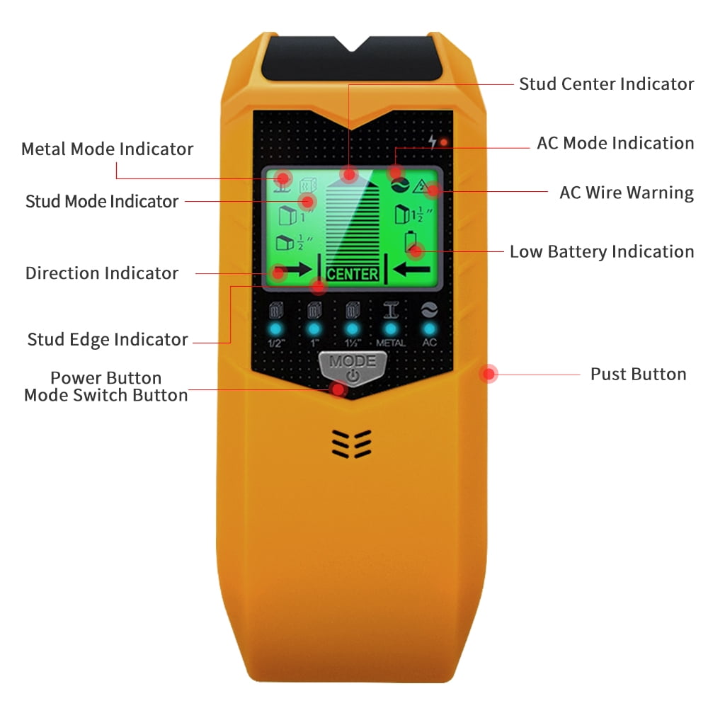 Stud Finder Wall Scanner, 5 in 1 Stud Detector with HD LCD Display for Center and Edge of Wood Metal AC Wire Detection - Yellow
