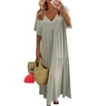 thumbnail image 2 of Womens Summer Dresses Plus Size Fashion Cozy Short Sleeve V Neck Boho Maxi Dress Loose Casual Beach Long Sundresses 06-Khaki XXL, 2 of 5
