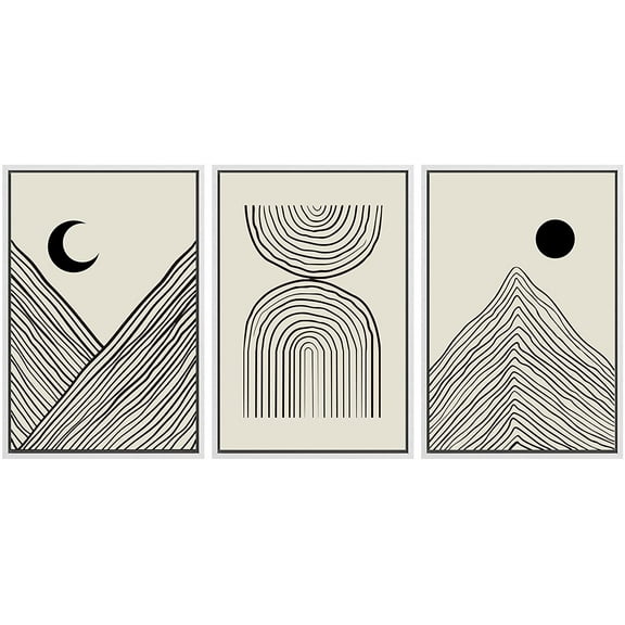 PixonSign Framed Canvas Print Wall Art Set Geometric Mid-Century Mountain Range Landscape Abstract Shapes Illustrations Modern Art Boho Decorative for Living Room, Bedroom, Office - 16"x24"x3 WHITE