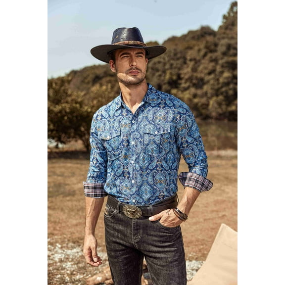 COOFANDY Mens Paisley Printed Shirts Vintage Casual Long Sleeve Button Down Shirts Floral Dress Shirt with 2 Pockets