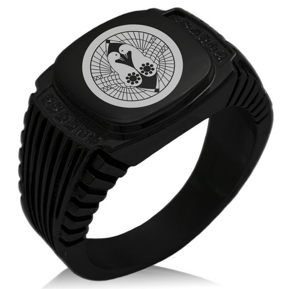 Stainless Steel Nanbu Samurai Crest CZ Ribbed Needle Stripe Pattern Biker Style Polished Ring