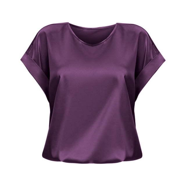 Hiiyo Chemise en Satin à Manches Courtes pour Femmes, Couleur Unie, Coupe Décontractée (S-TTG)
